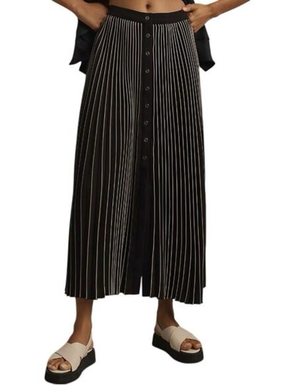 ✨ NWT Maeve Anthropologie Black & White Striped Button Front Maxi Skirt Size L ✨
